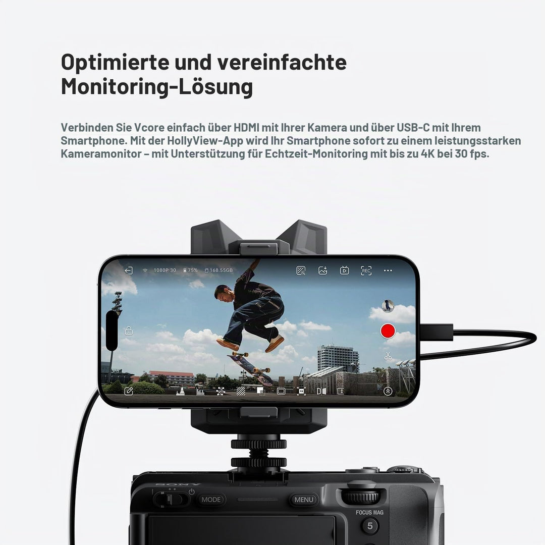 Hollyland Vcore 4K30/HD Funk-Videosystem: 4-Geräte-Überwachung, integrierter Akku, Speicherkartenslo