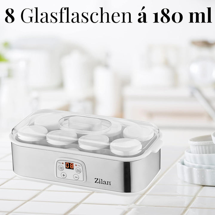 Joghurt Maker | Joghurtmaschine | 1,44 Liter | 8 Glasflaschen á 180 ml | Digitales Display | Tempera