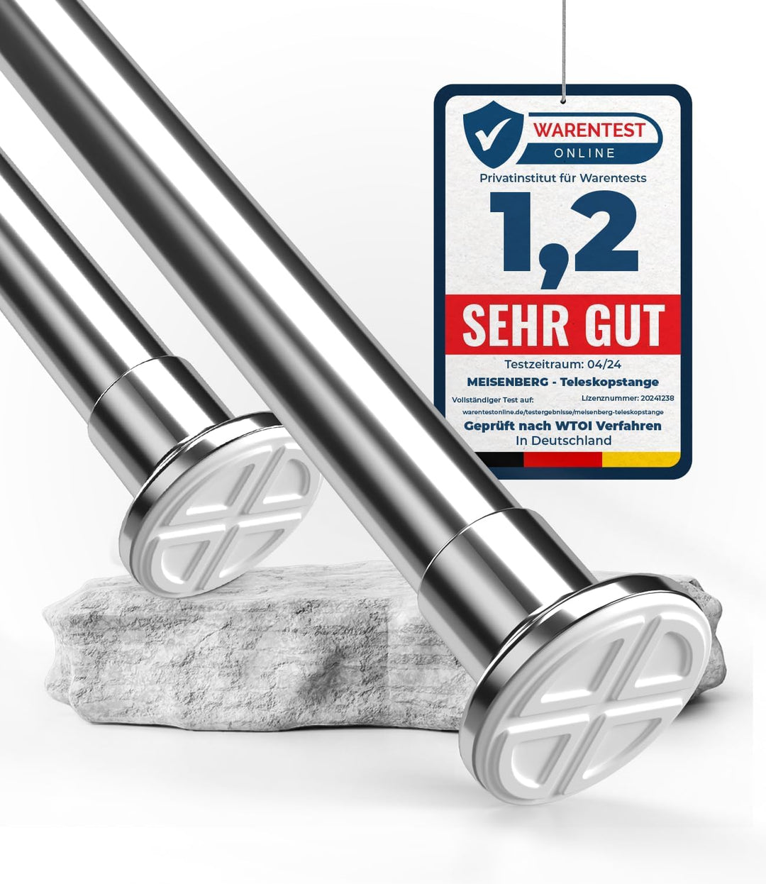 MEISENBERG Rostfreie Gardinenstange ohne Bohren 210-260cm, Ø32mm belastbare Edelstahl Klemmstange zu