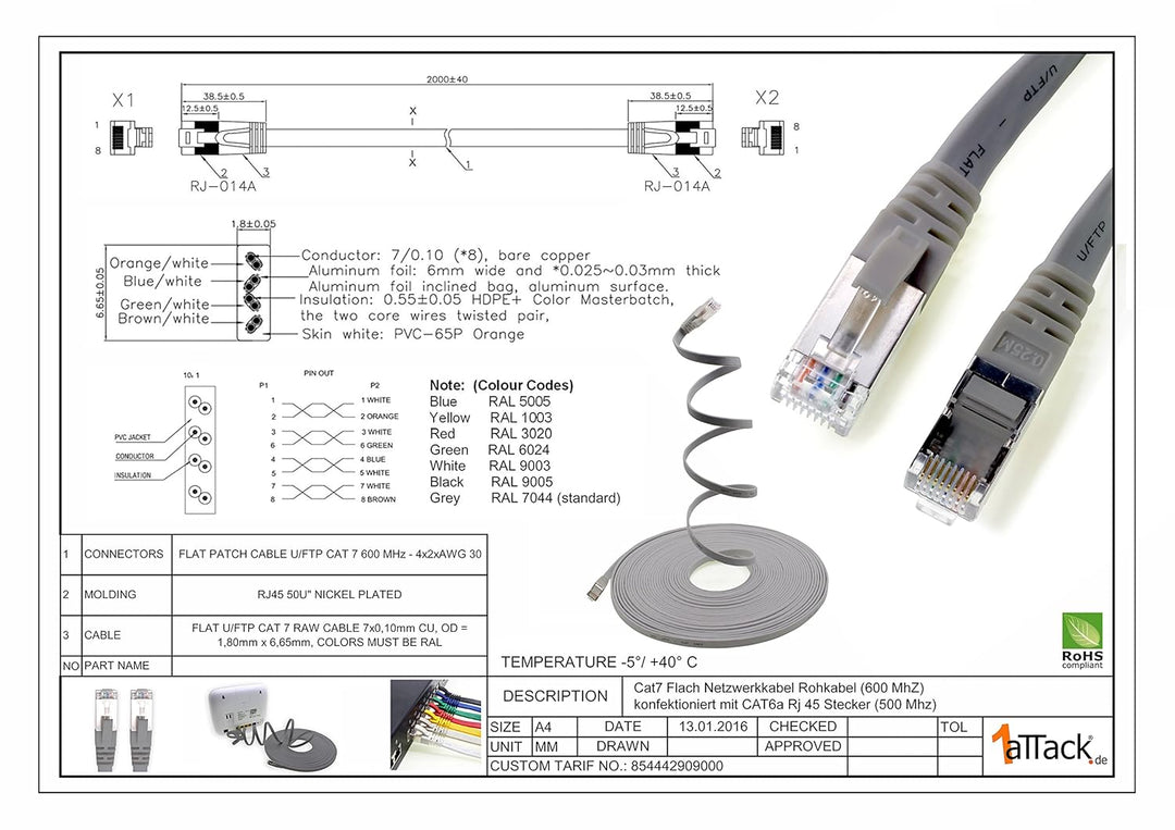 5m - gelb - 10 Stück Cat7 Flachkabel Netzwerkkabel Cat 7 Rohkabel Gigabit Lan (10Gbit/s) Flachbandka