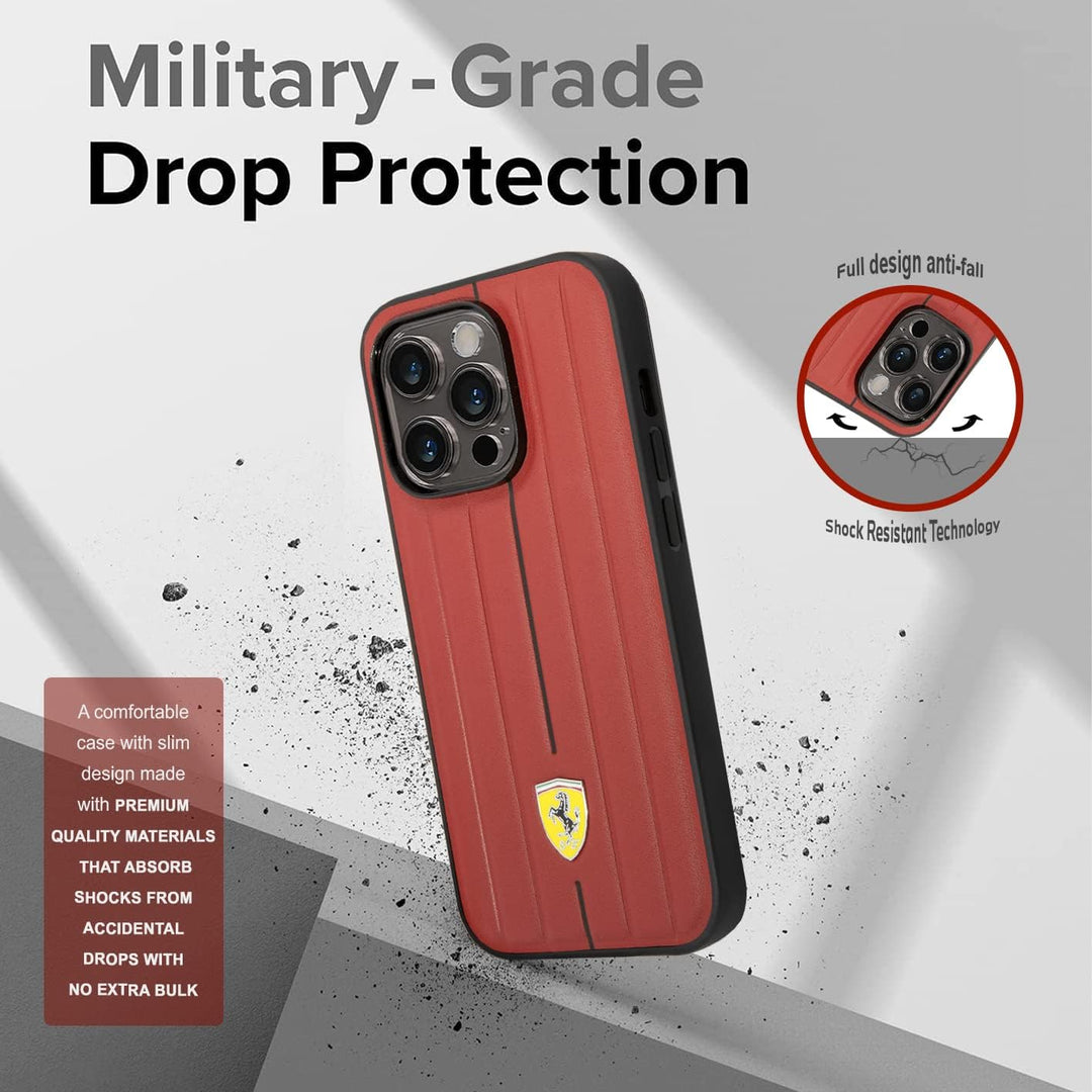 CG MOBILE Ferrari Schutzhülle für iPhone 14 Pro in Rot geprägte Streifen, Leder, langlebige und krat