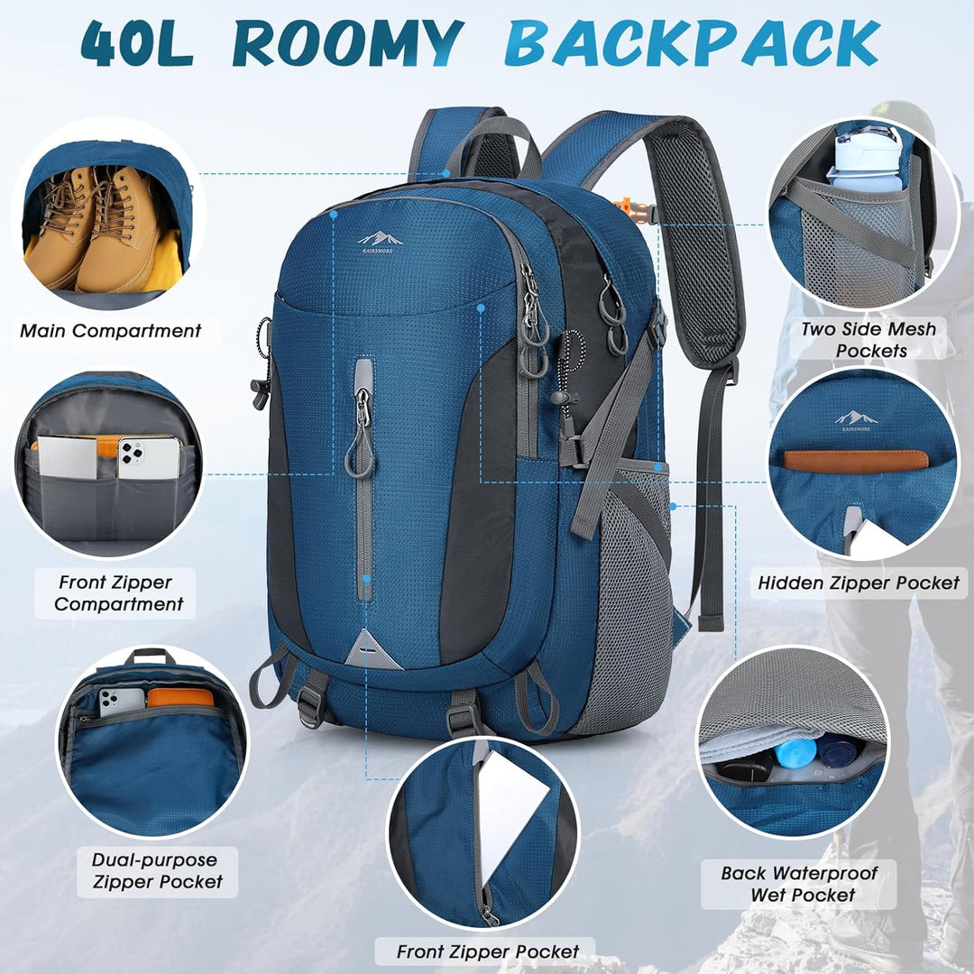 RAINSMORE Wanderrucksack Herren Damen 40L Wasserdichter Rucksack Leichter Faltbarer Reiserucksack Gr