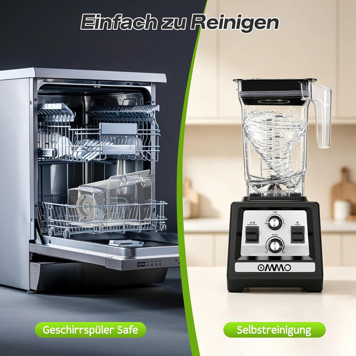 OMMO 2L Standmixer Hochleistungsmixer, Mixer Smoothie Maker Max 1800W | für Eisbrechen, Milkshakes,
