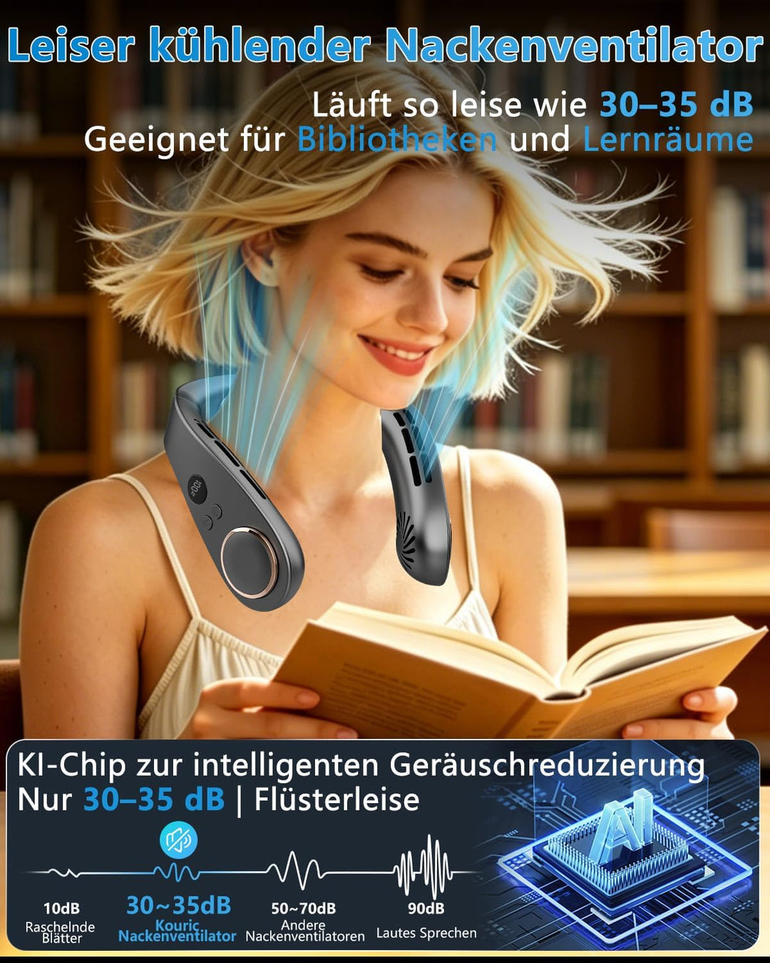 Kouric Nackenventilator mit Kühlung, Halsventilatoren Extra Leise (35dB) 24 Std. USB-C 5500mAh, 5 St