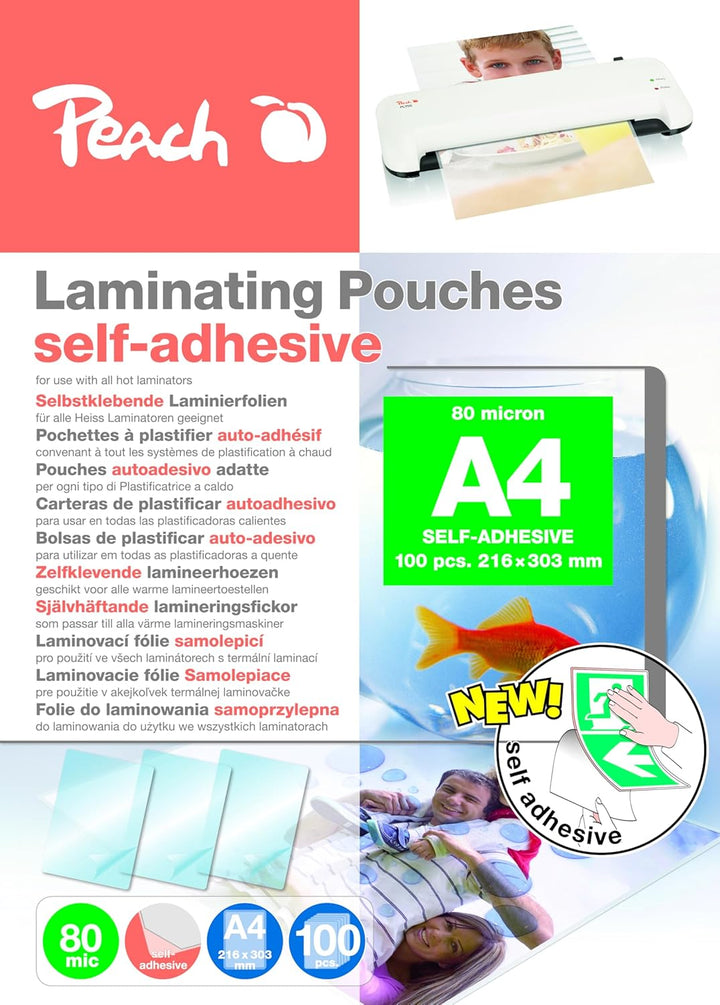 Peach Laminierfolien A4 - 80 mic - 100 pouches - selbstklebende Rückseite - geeignet für selfmade Bi