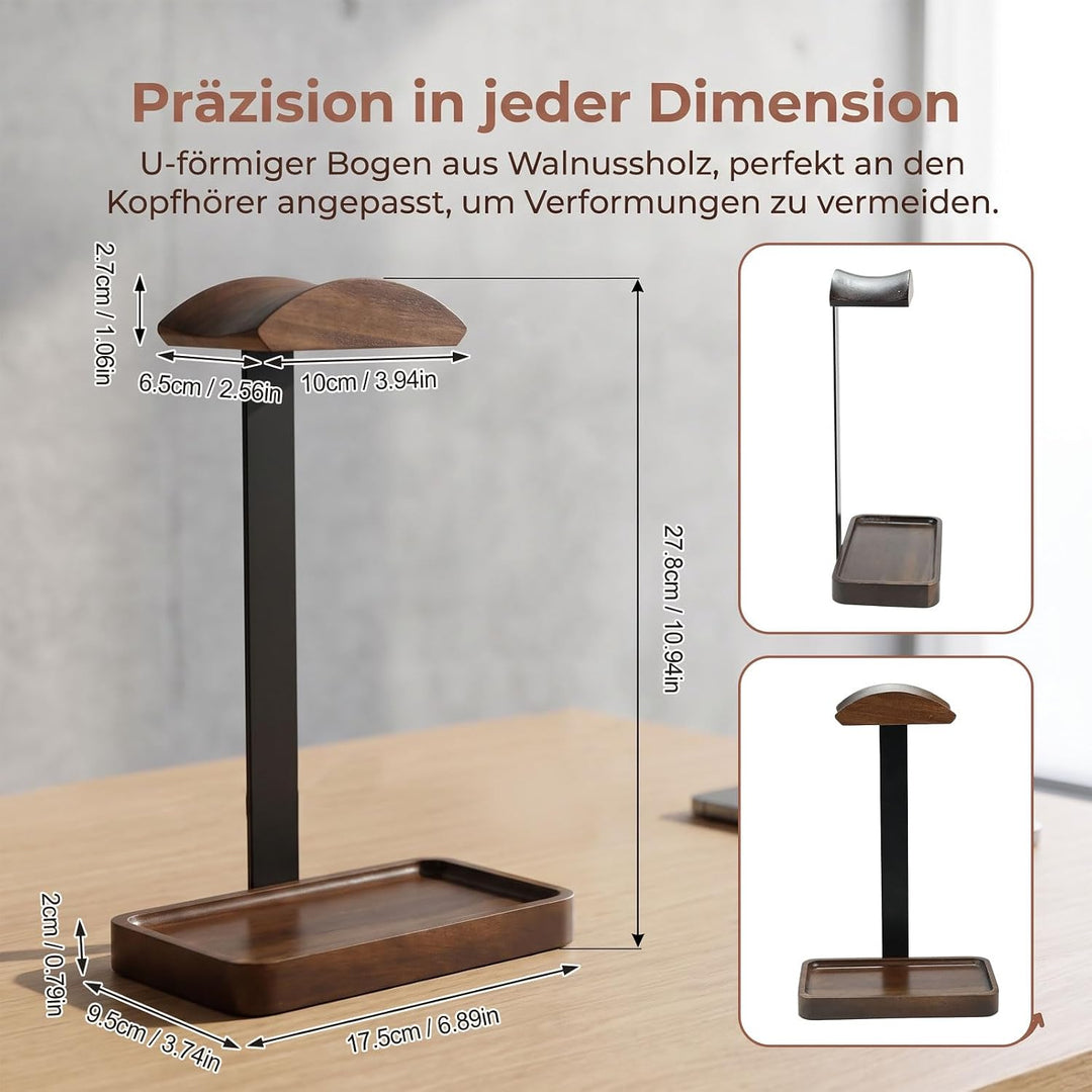 Kopfhörer Ständer für Schreibtisch - Aus massivem Holz und Aluminium, Gaming Headset Ständer mit Tab