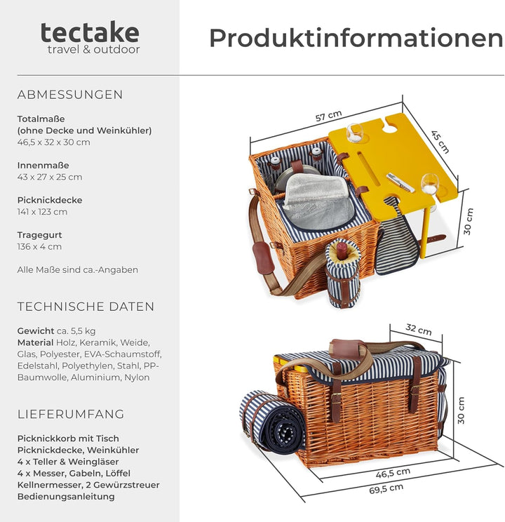 tectake® Picknickkorb und Picknickdecke 4 Personen, befüllter Picnic Basket Weidenkorb für Ausflug,