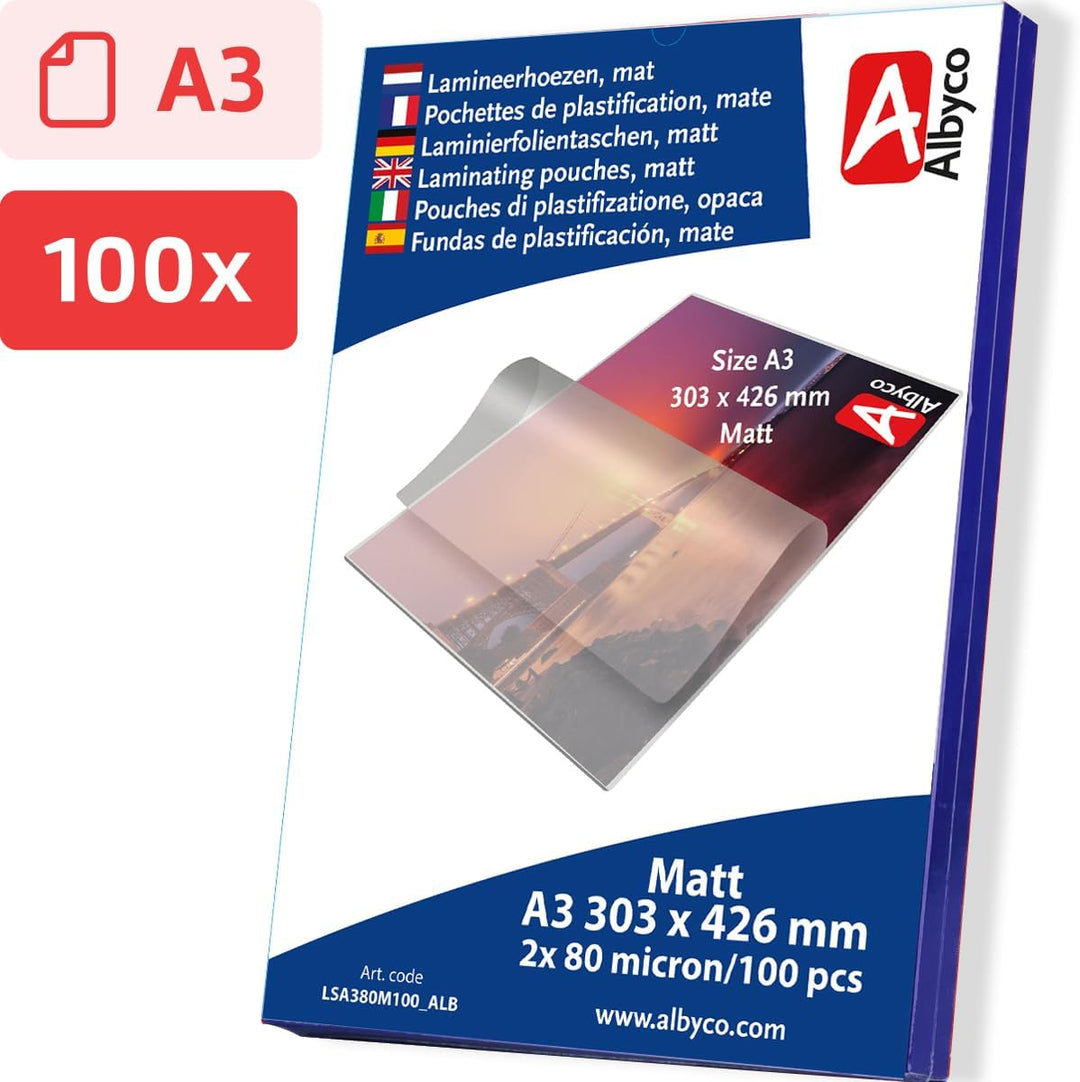 Albyco - Matte Laminierfolien A3 Qualität 160 Mikron (2x80 Mikron) - 100 Stück - Folien A3 Matt, Lam