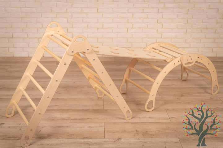 WoodsCraft 4in1 Set: Grosse Kletterbogen & Kletterdreieck mit 2in1: Rutsche Indoor/Klettern Rampe |