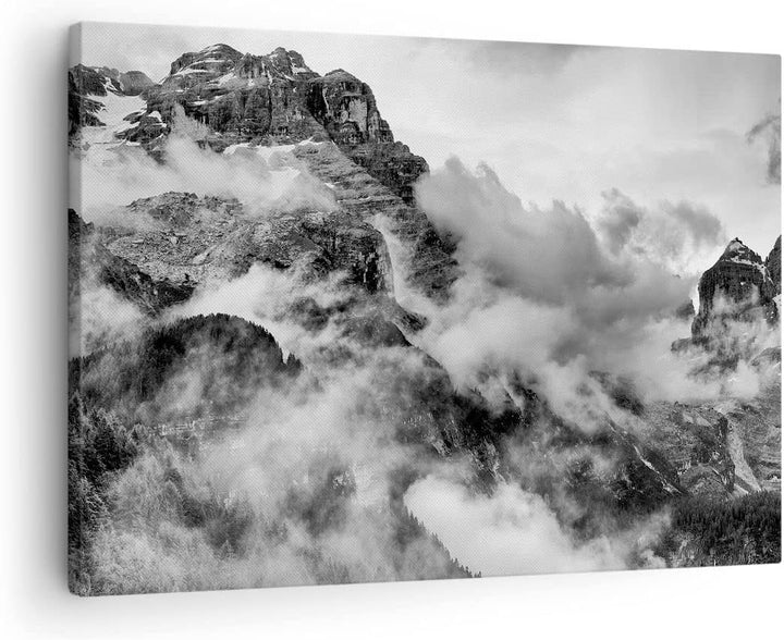 Bilder auf Leinwand Berge Nebel Gipfel Leinwandbild mit Rahmen 70x50cm Wandbilder Dekoration Wohnzim
