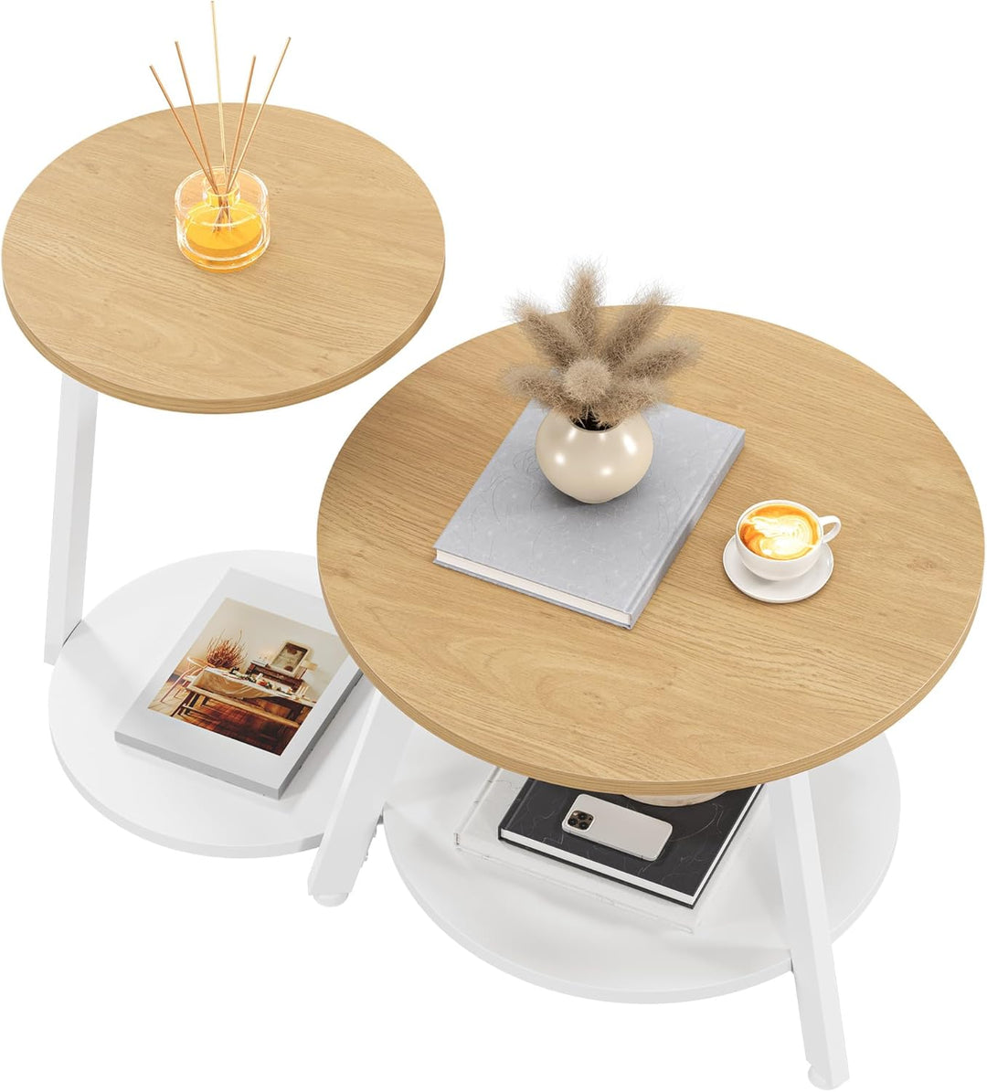 YITAHOME 2er Set Couchtisch Set Rund, Wohnzimmertisch mit Stauraum, Beistelltisch 2er Set Stapelbar