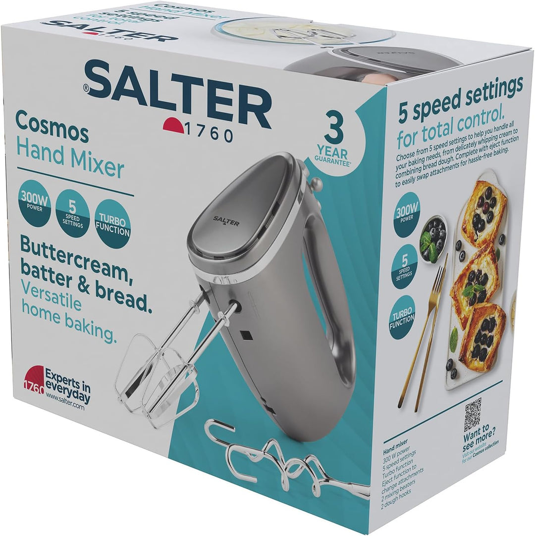Salter EK4249COSVDEEU10 Elektrischer Handmixer/Schneebesen - mit Rührbesen und Knethaken, 5 Geschwin