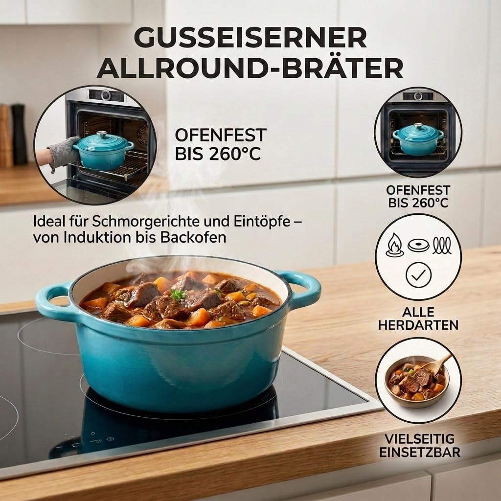 Gusseisen Topf 20cm mit Deckel,Dutch Oven 2L Emaillierter Brotbacktopf zum Brot Backen, Schmortopf I