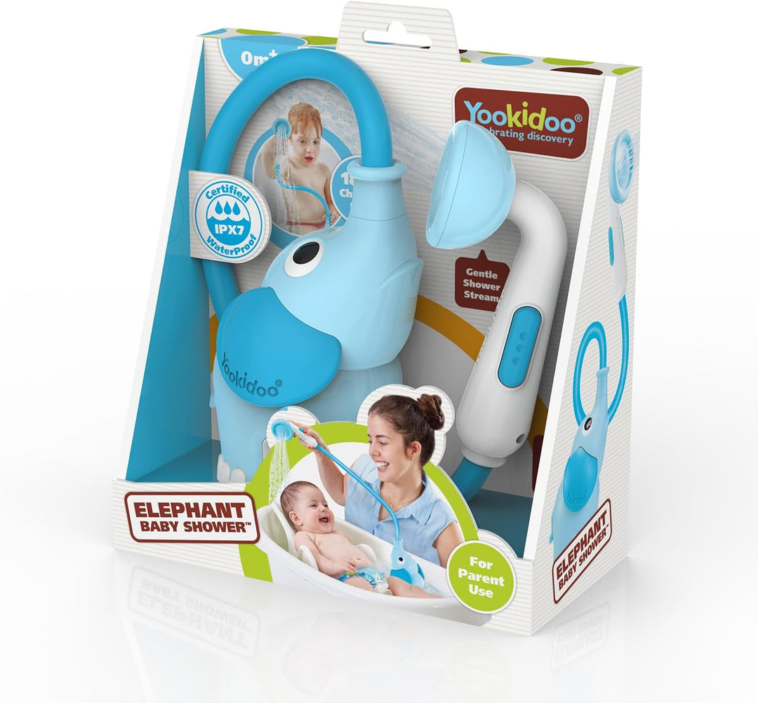 Yookidoo Duschkopf für Baby-Badewanne, Elefanten-Wasserpumpe mit Stammauslauf und Spüler, kontrollie