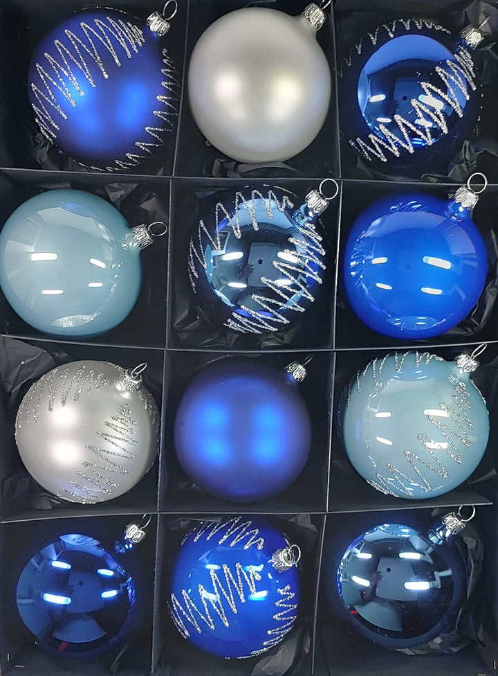 Thüringer Christbaumschmuck Exclusiv BLAU Weiss Mix 8cm Handarbeit Germany 12er Set