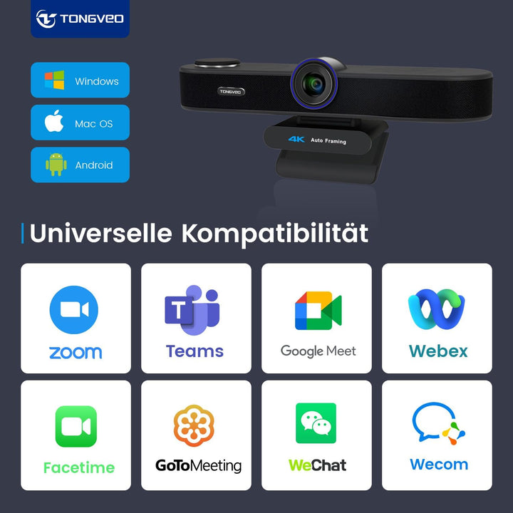 TONGVEO KI Automatisches Tracking 4K Webcam mit Mikrofonen und Lautsprecher, 5-facher Digitalzoom eP