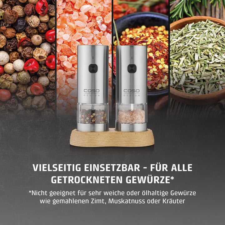 CASO SpiceDuo Elektrische Salz- & Pfeffermühle Set – Edelstahl Gewürzmühlen mit Keramikmahlwerk, stu