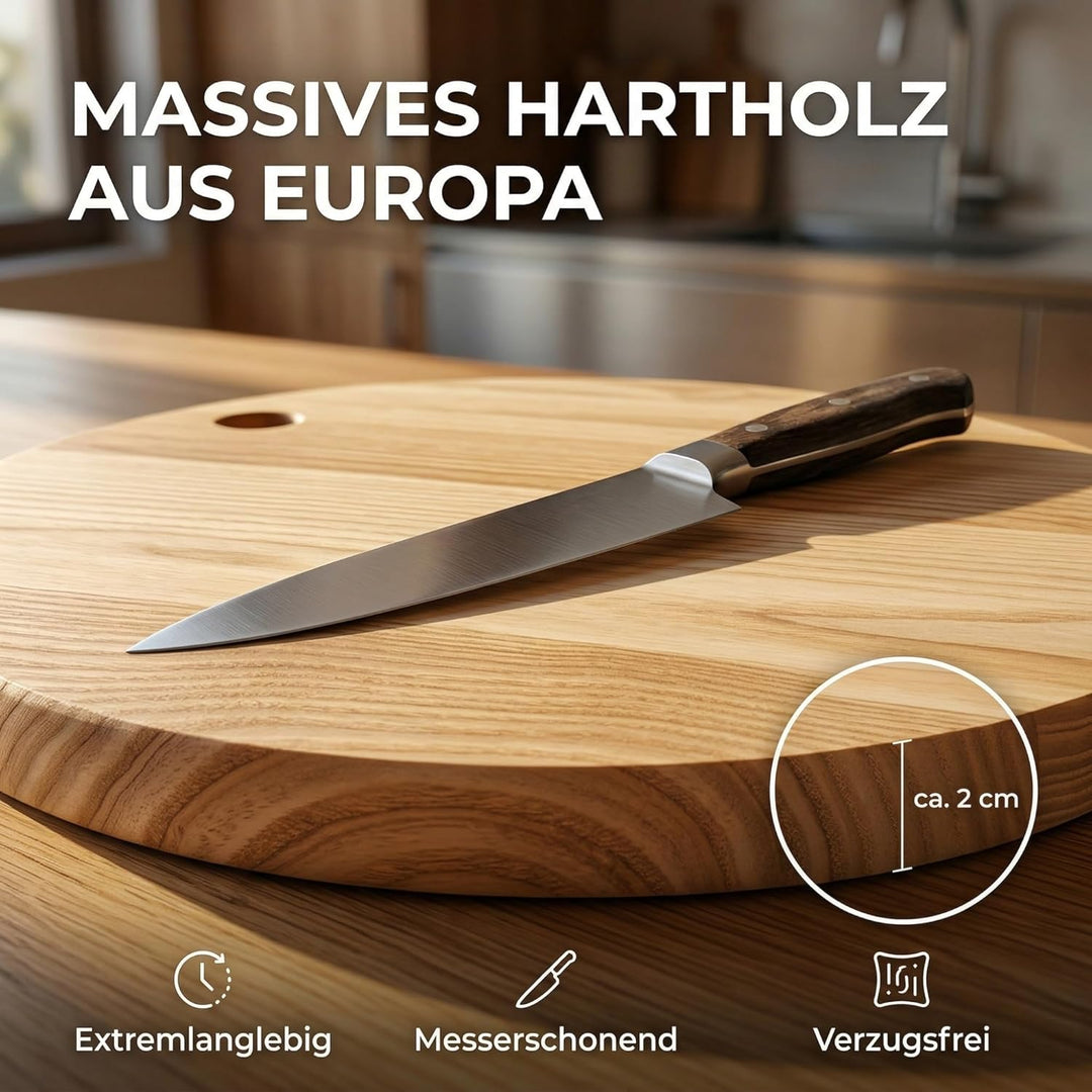 INNOVAHOME Pizzabrett 35cm Holz Rund - Massives Servierbrett Esche Geölt - Pizzateller & Käsebrett -