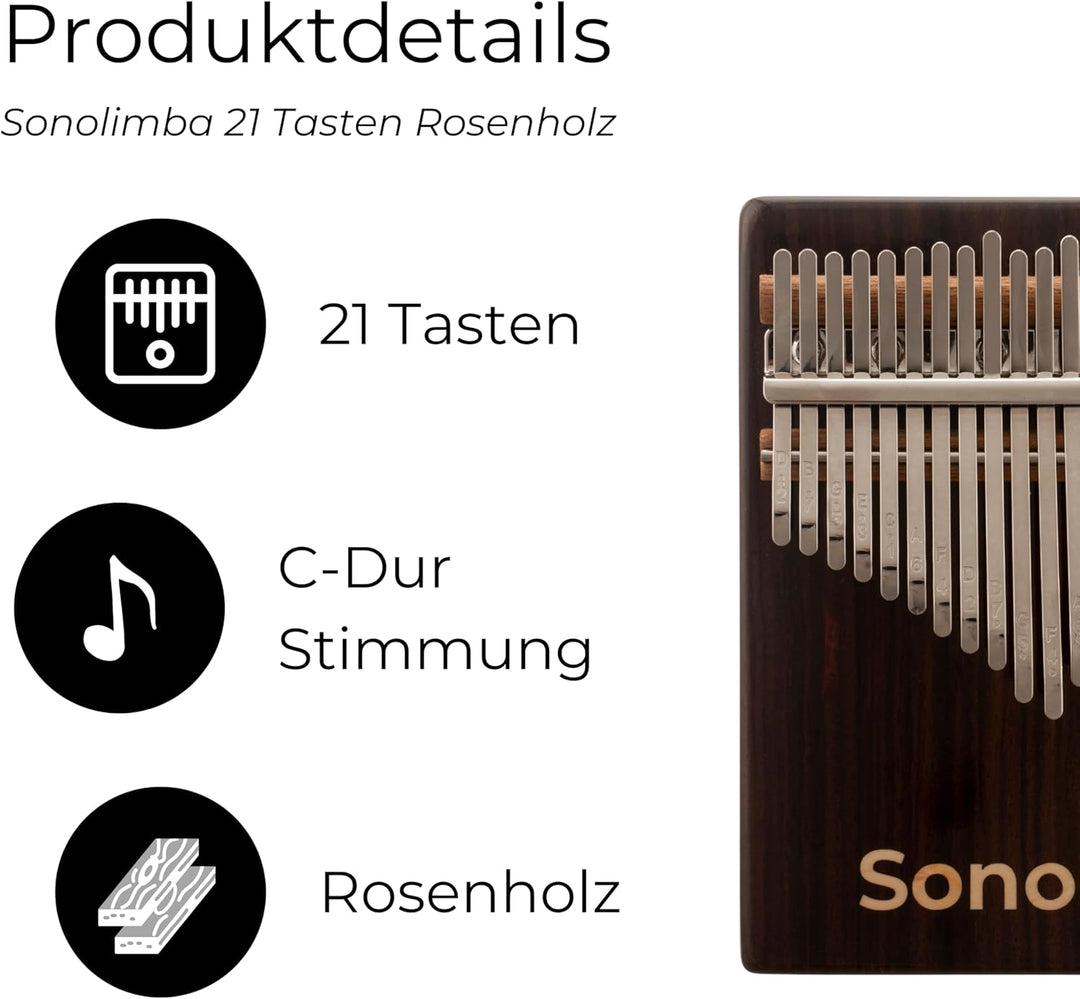 Kalimba "Sonolimba" mit 21 Schlüsseln in C - Dur aus Rosenholz - Daumenklavier inkl. Set mit Liederb