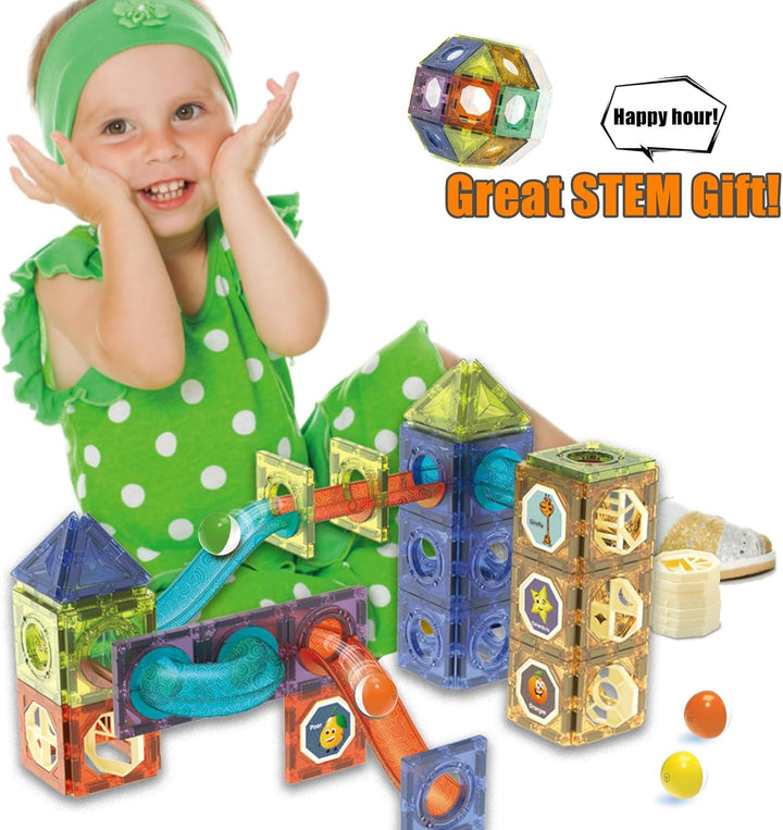 Magnetische Bausteine 144 Teile mit LED-Beleuchtung und Magnetkugelbahn,STEM Montessori-Lernspielzeu