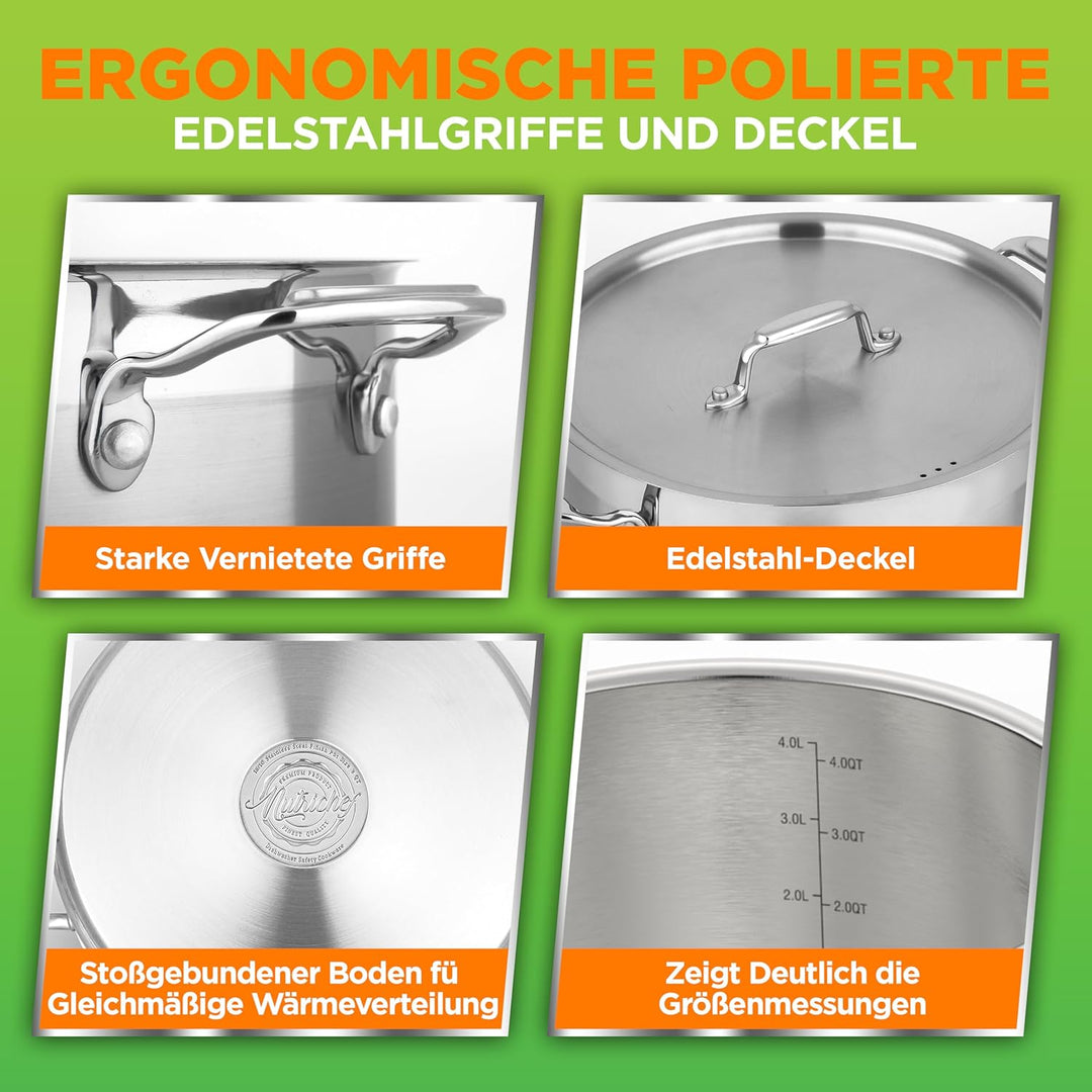 NutriChef 8 Liter Edelstahl-Topf - 18/8 Lebensmittelqualität Schwerer Grosser Suppentopf für Eintöpf