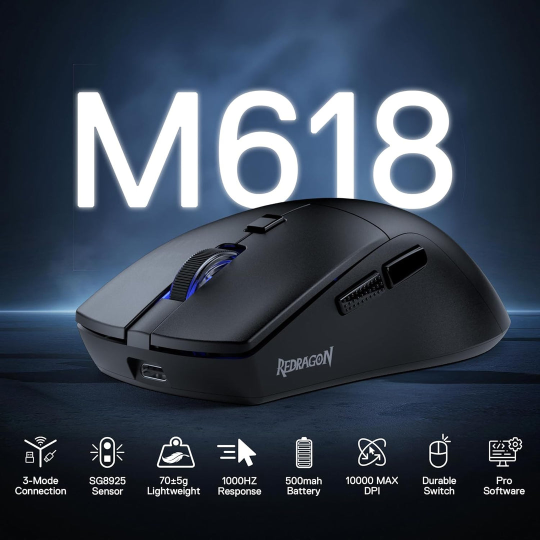 Redragon M618 LIT kabellose Gaming-Maus, optische ergonomische Maus mit 10.000 DPI und 6 programmier