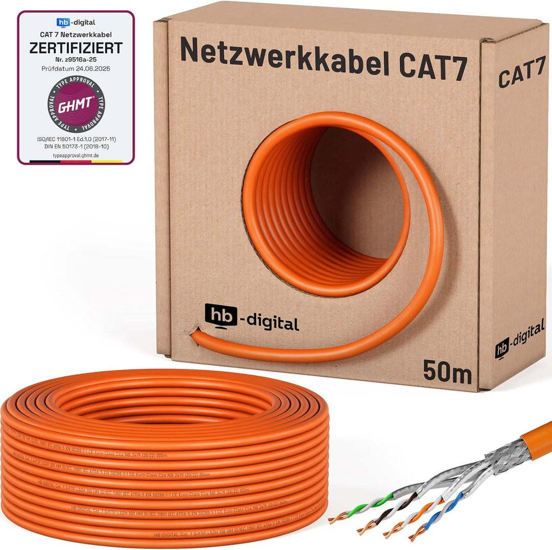 HB-DIGITAL 50m CAT.7 Netzwerkkabel LAN Kabel Verlegekabel PiMF AWG23 Reines Kupfer GHMT Zertifiziert