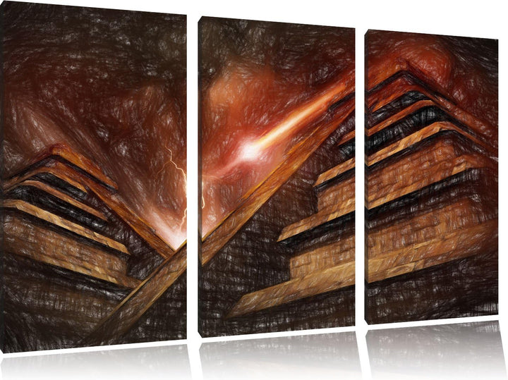 Pixxprint Majatempel bei Gewitter Bunstift Effekt 3-Teiler Leinwandbild 120x80 Bild auf Leinwand