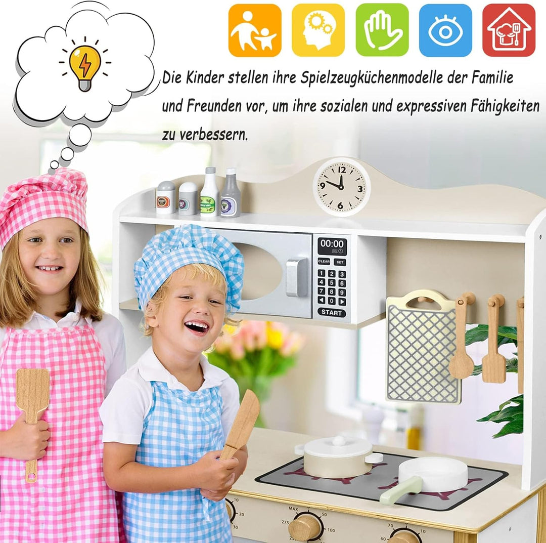 LARS360 Kinderküche Holz mit umfangreichem Zubehör - Enthält Mikrowelle, Backofen, Spüle, Kochutensi