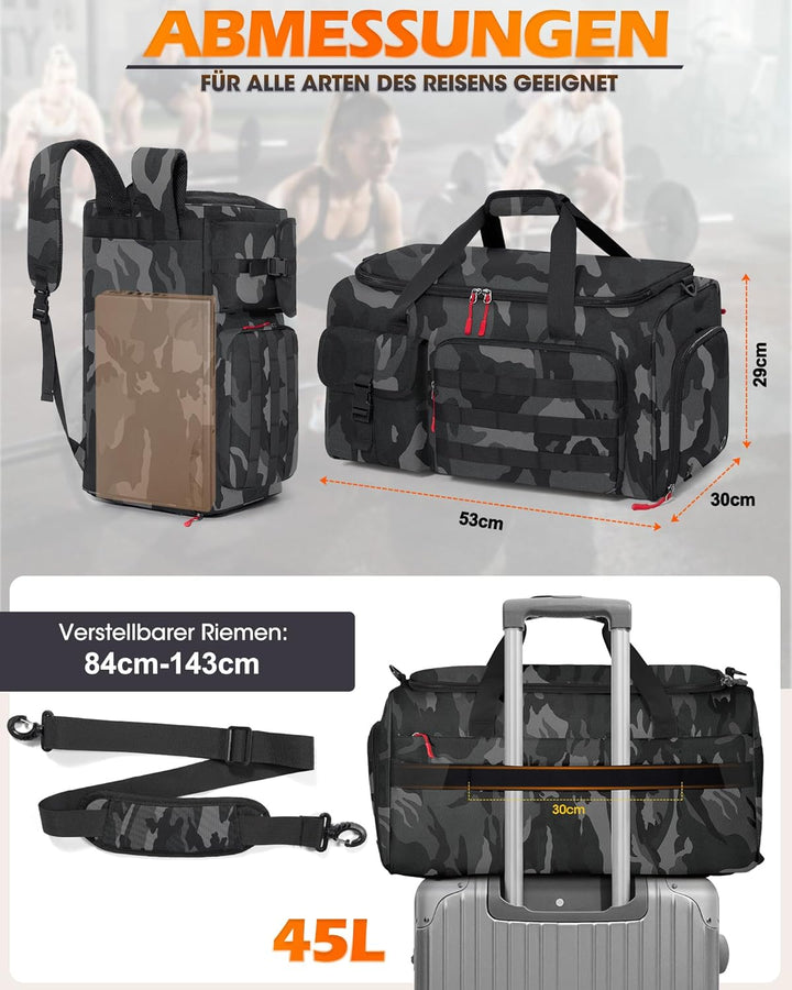 RAINSMORE 3 IN 1 Sporttasche Herren 45L Reisetasche Rucksackfunktion Handgepäck mit Schuhfach Latopf