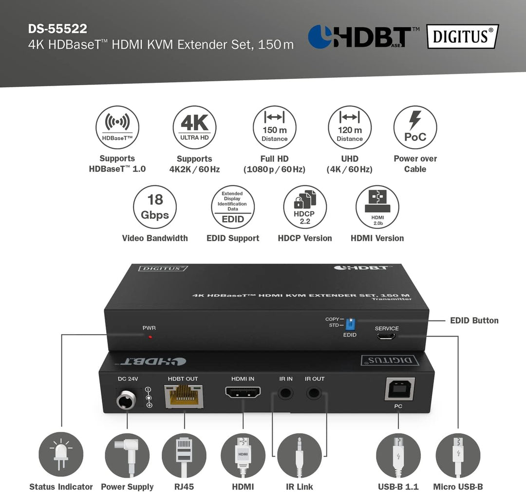 DIGITUS HDMI KVM Extender - 4k/60Hz - Sender & Empfänger - HDBaseT 1.0 - HDMI 2.0b - USB 1.1 - Reich