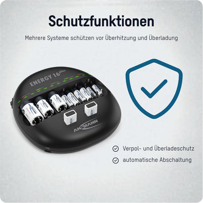 ANSMANN Energy 16 Plus Akku Ladegerät - Ladestation für AAA, AA, C, D, 9V E-Block & USB - Schnelllad
