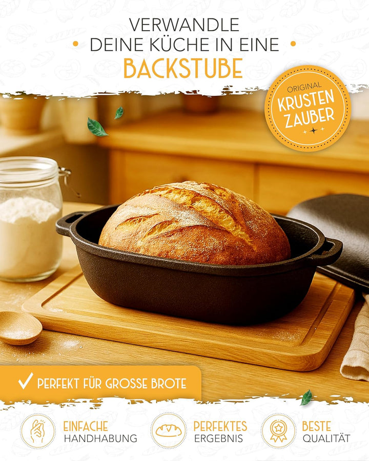 KRUSTENZAUBER 40cm Brotbackform mit Deckel Gusseisen inkl. Gärkorb - Robuster Gusseisen Topf Brot Ba