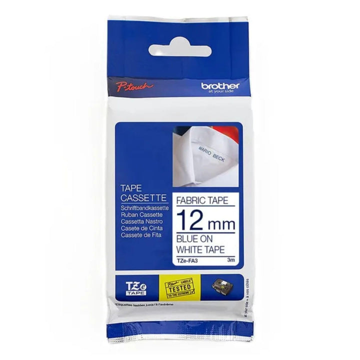 Brother TZe-FA3 P-touch Textil-Aufbügelband (12 mm breit, 3 m lang, blau auf weiss, u.a. für P-touch