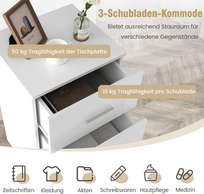 COSTWAY Nachttisch mit 3 Schubladen, Hochglanz Nachtschrank, Nachtkommode für Boxspringbett, 37 x 34