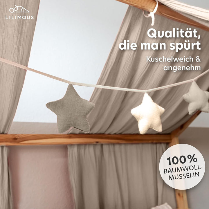 LILIMAUS Sternen Wimpelkette Stoff - 12 Farben - Kinderzimmer Deko - 100% Baumwolle Handmade - Musse
