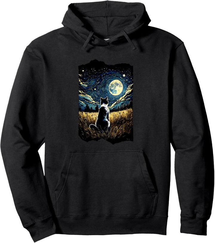 Katze, sitzend auf einem Feld, Vollmond, Van Gogh Stil Pullover Hoodie