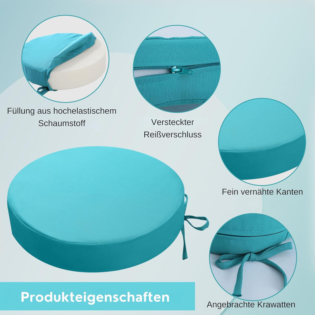 Outdoor Sitzkissen Rund 40x40, 2er Set Wasserdicht, Himmelblau | Rundes Gartenstuhl Polster mit Bänd
