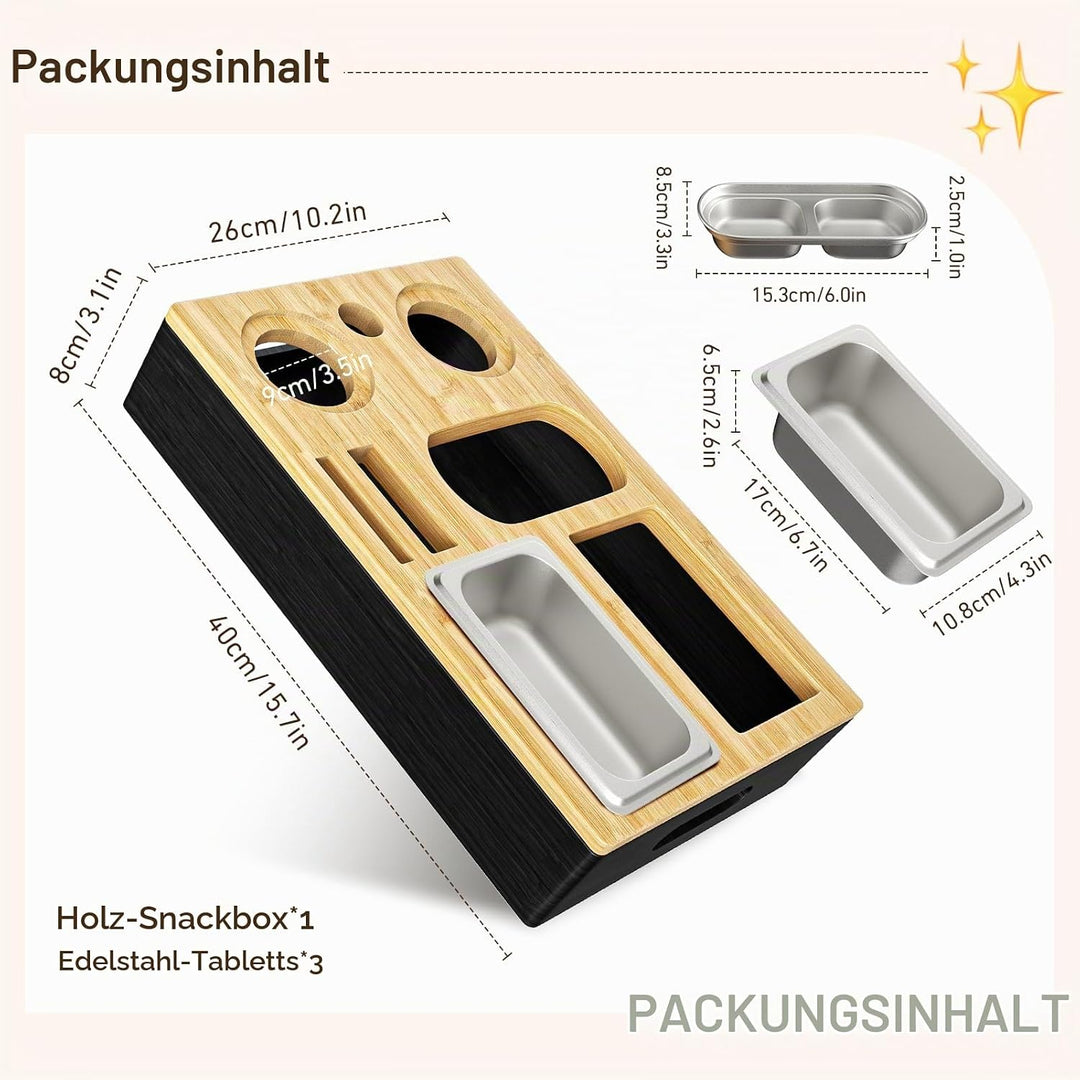 Couchbar Snackbox aus Bambusholz mit 3 Edelstahl-Schalen, Sofa Butler Organizer Tablett mit Getränke