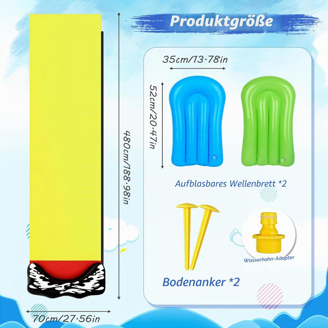 Wasserrutsche Garten für Kinder, 480 * 71cm Wasserrutschmatte mit 2 Bodyboards, Wasserrutsche Kinder