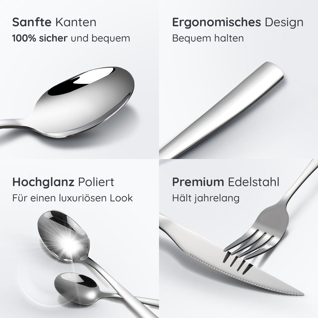 Besteckset 12 Personen, 72-teilig, Edelstahl 18/0 Silber, spülmaschinenfest und rostfrei, Tafelbeste