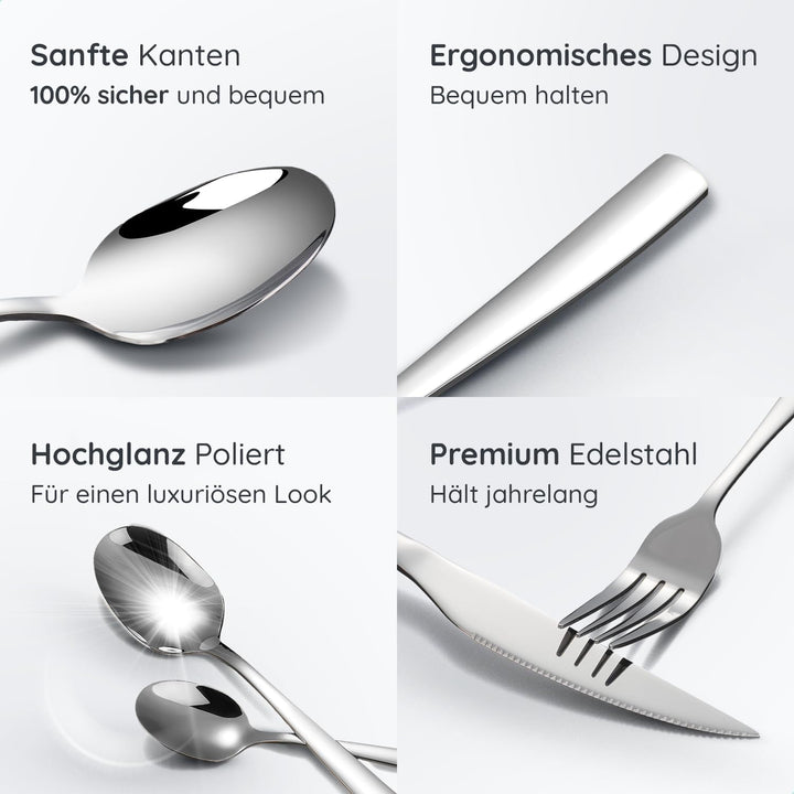 Besteckset 12 Personen, 72-teilig, Edelstahl 18/0 Silber, spülmaschinenfest und rostfrei, Tafelbeste