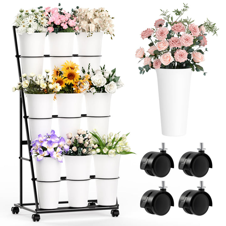 Invech Blumenständer mit 9 Eimern, 3 Etagen Blumenständer aus Metal mit Rollen, Mobiler Pflanzenstän
