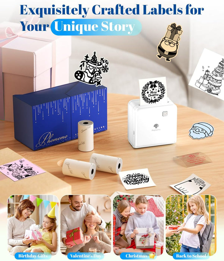 Phomemo Mini Thermodrucker 300DPI - Mini Fotodrucker, Schwarz-Weiss Foto-Thermo-Aufkleber Drucker, P