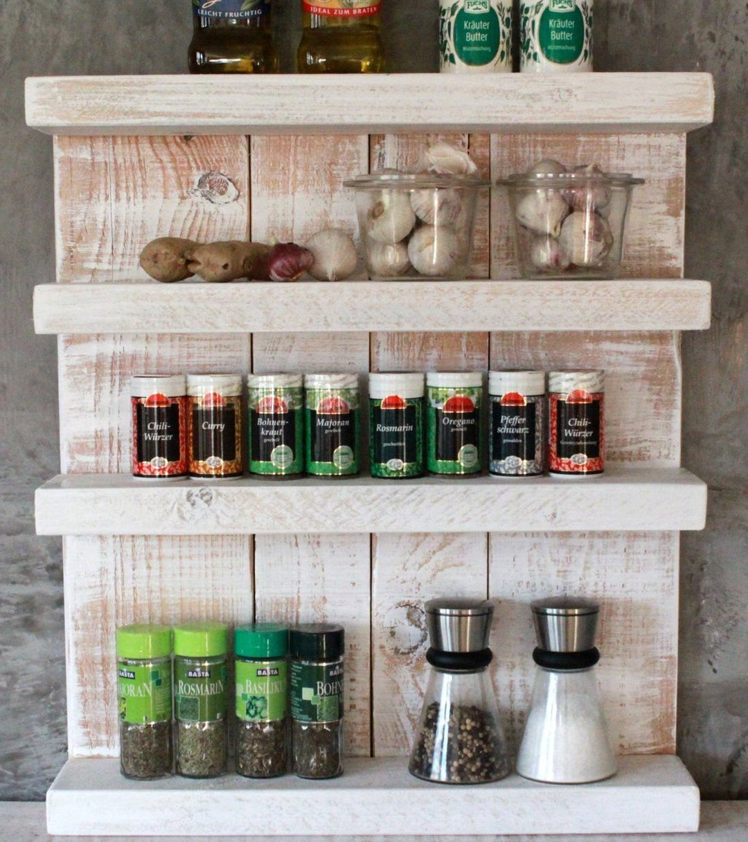 Dekorie Gewürzregal aus Holz - für die Wand oder stehend - Vintage Weiss - 4 Stellflächen - 57 x 50