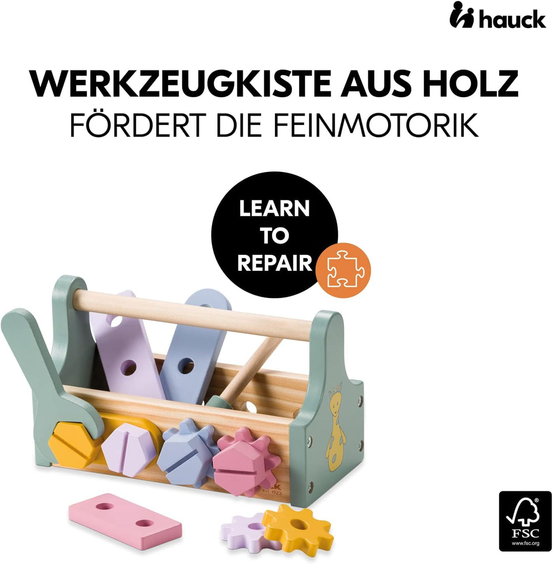 hauck Learn to Repair – Holz-Werkzeugkiste für Kinder ab 2 Jahren, Lernspielzeug zur Förderung von F