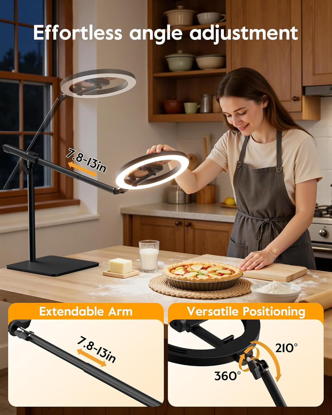 Overhead Stativ Handy mit Ringlicht Schreibtisch – Stabil Ringlicht mit Stativ für Küche, Einstellba
