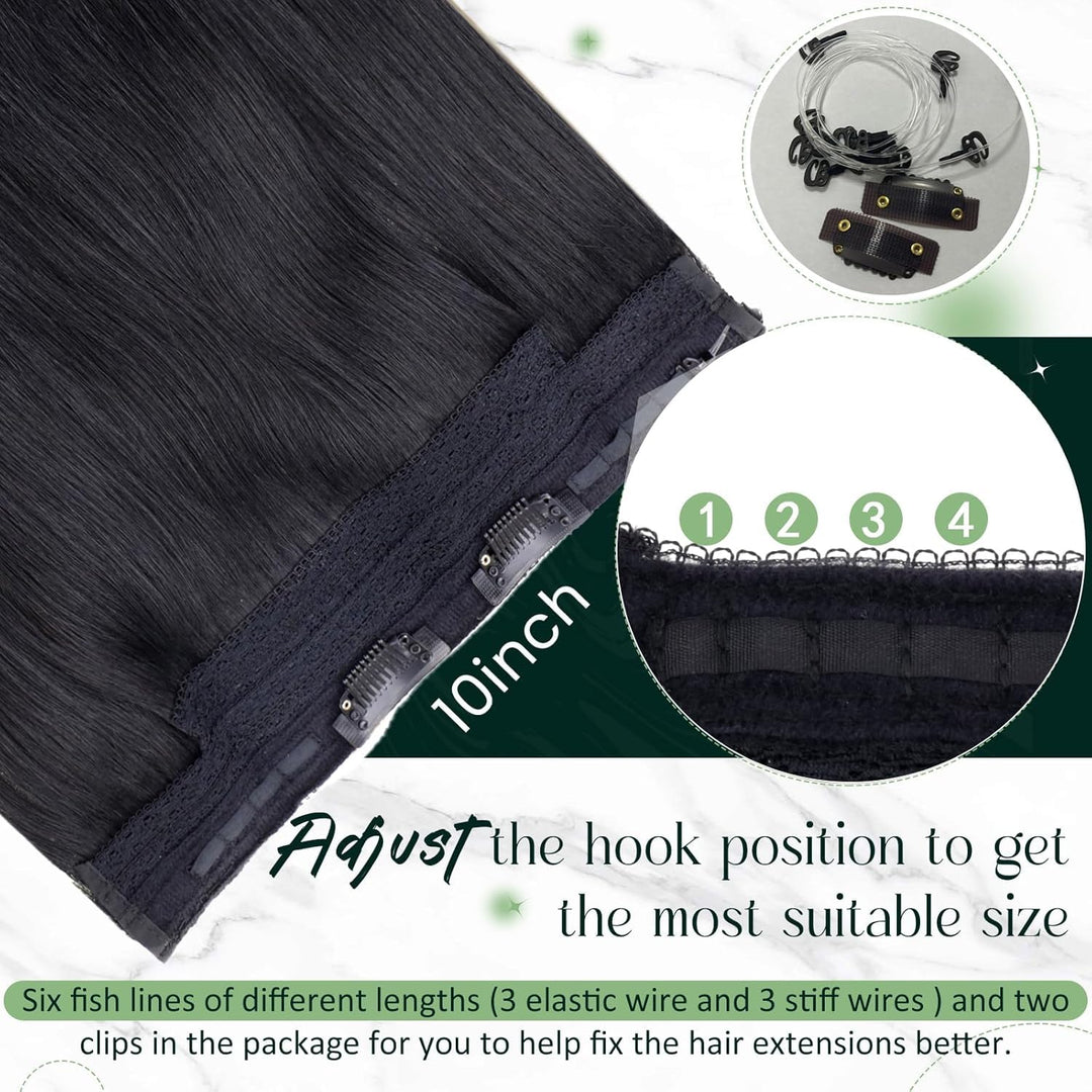 RUNATURE Adjustable Draht Hair Extensions Echthaar Fish Line Hair Extensions Farbe Pech Schwarz 80g
