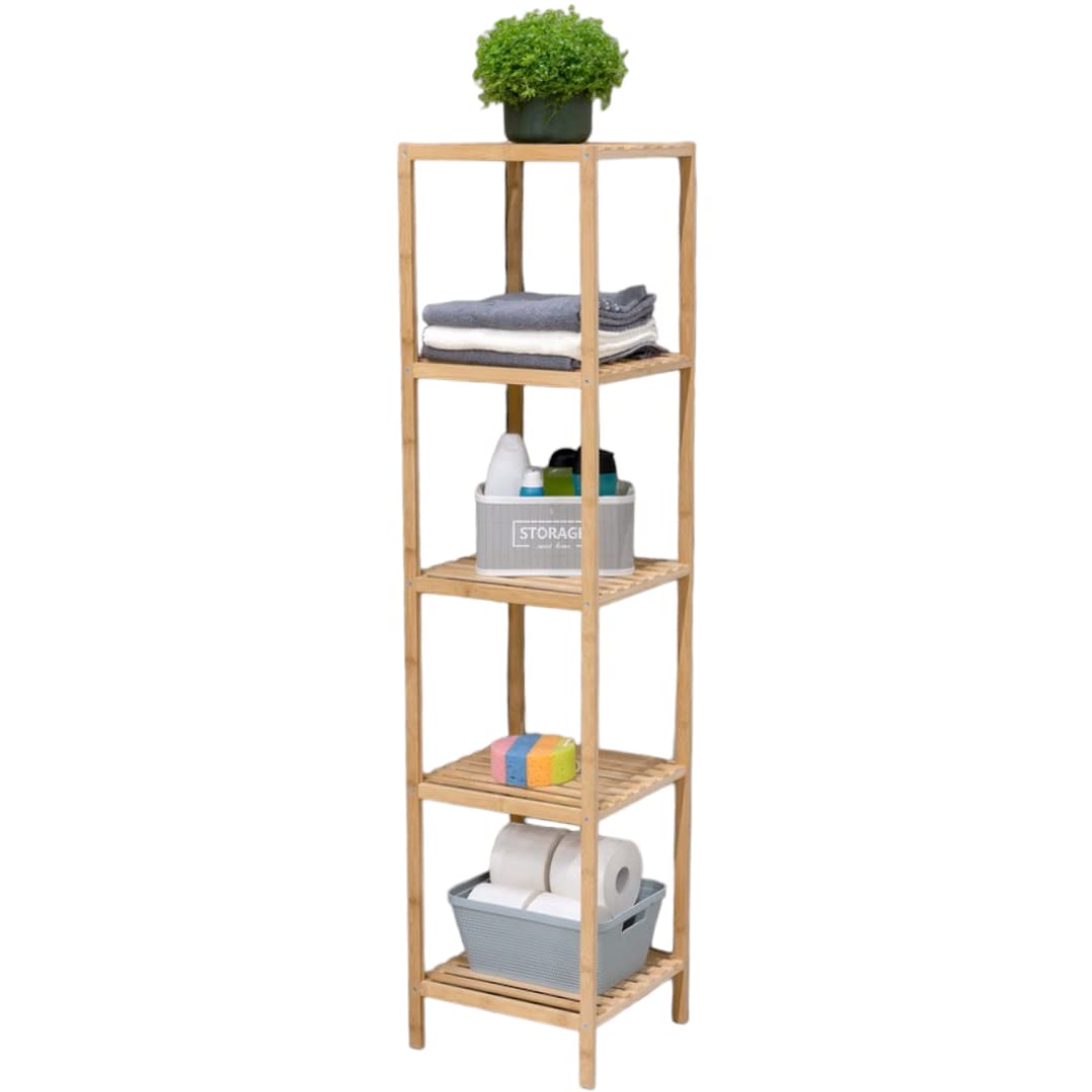 alpina Badregal mit 5 Ablagen - Badezimmerschrank auf Bambus - Badezimmer Regal für Badezimmer, Küch