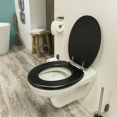 Tiger Toilettensitz Lederlook, WC-Sitz aus Holz mit Lederoptik, Schwarz, Metallbefestigung